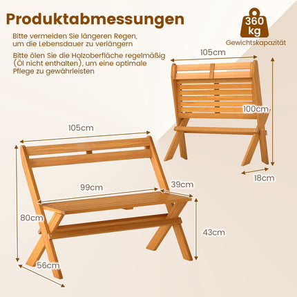 Folding Acacia Wood Bench, 2-Seater, 360 kg Capacity