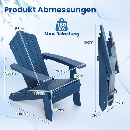 Folding Adirondack Chair, Weatherproof HIPS, Navy Blue
