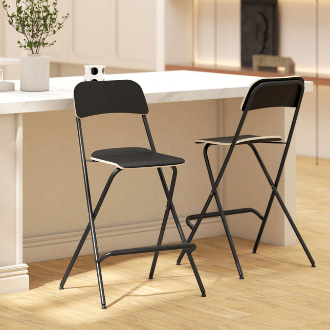 Folding Bar Stools Set of 2, Black Steel Frame, 120kg Capacity