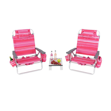 Folding Beach Chair Set, 2 Chairs, Table, 5-Position Backrest