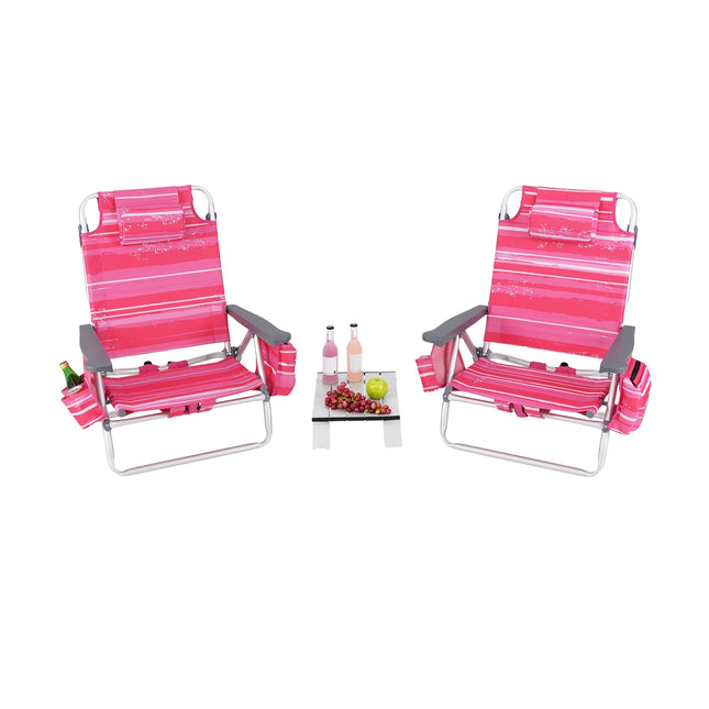 Folding Beach Chair Set, 2 Chairs, Table, 5-Position Backrest