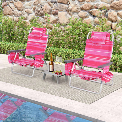 Folding Beach Chair Set, 2 Chairs, Table, 5-Position Backrest