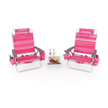 Folding Beach Chair Set, 2 Chairs, Table, 5-Position Backrest