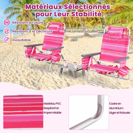 Folding Beach Chair Set, 2 Chairs, Table, 5-Position Backrest