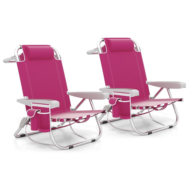 Folding Beach Chair Set, Adjustable Backrest, Pink
