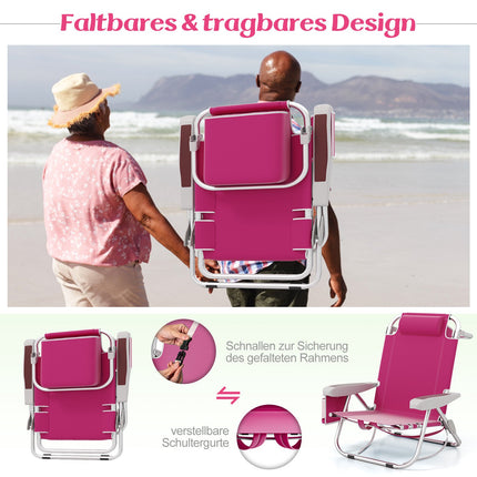 Folding Beach Chair Set, Adjustable Backrest, Pink