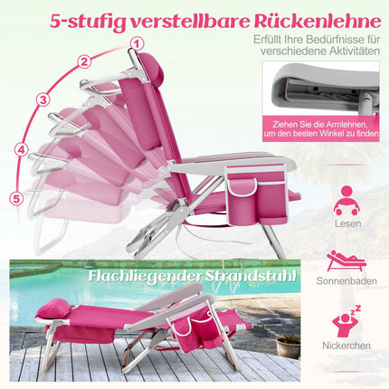 Folding Beach Chair Set, Adjustable Backrest, Pink