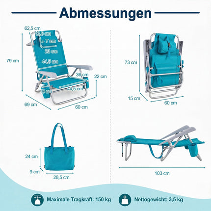 Folding Beach Chair Set, Adjustable Recline, Turquoise