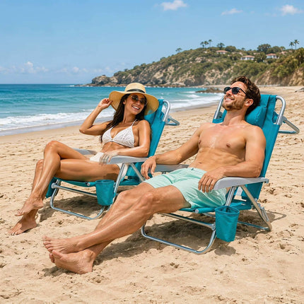 Folding Beach Chair Set, Adjustable Recline, Turquoise