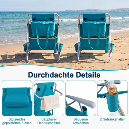 Folding Beach Chair Set, Adjustable Recline, Turquoise