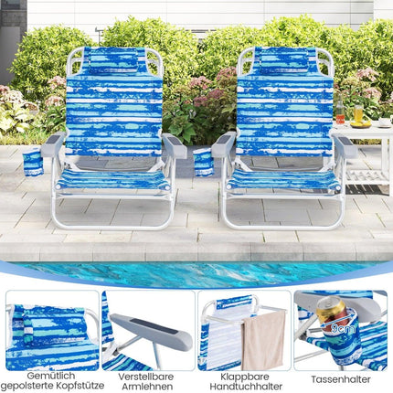 Folding Beach Chairs Set of 2, Adjustable Recline, Blue