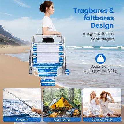 Folding Beach Chairs Set of 2, Adjustable Recline, Blue