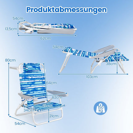 Folding Beach Chairs Set of 2, Adjustable Recline, Blue