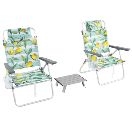 Folding Beach Chairs with Table, Adjustable Recline, Green
