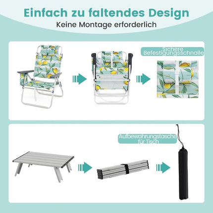 Folding Beach Chairs with Table, Adjustable Recline, Green