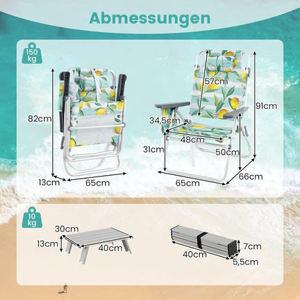 Folding Beach Chairs with Table, Adjustable Recline, Green
