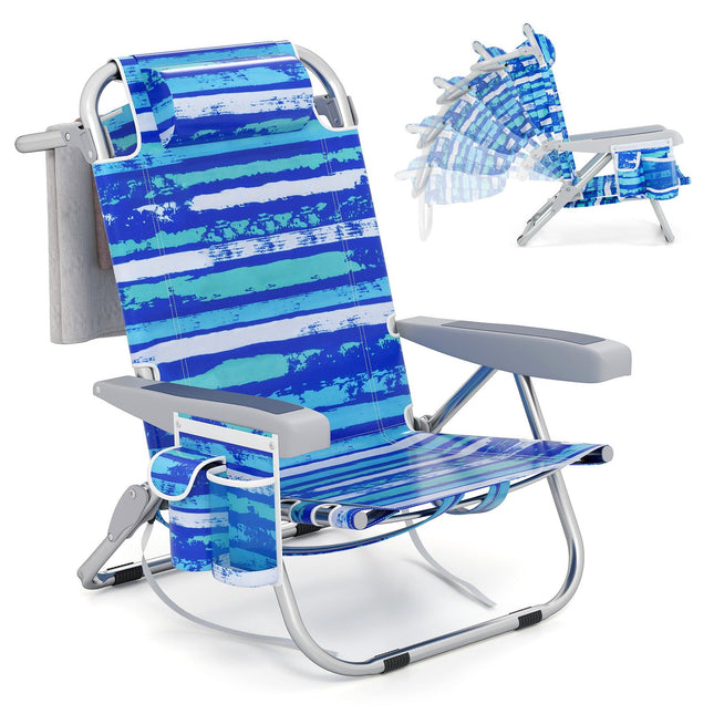 Folding Beach Chair with Adjustable Backrest, Blue Stripes
