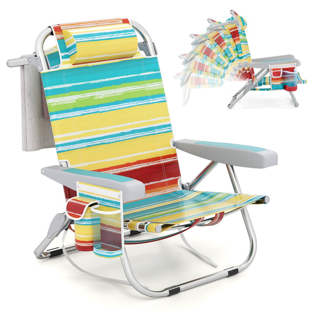 Folding Beach Chair with Adjustable Backrest, Blue Stripes