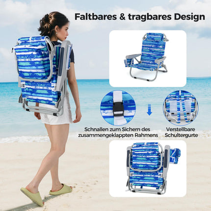 Folding Beach Chair with Adjustable Backrest, Blue Stripes