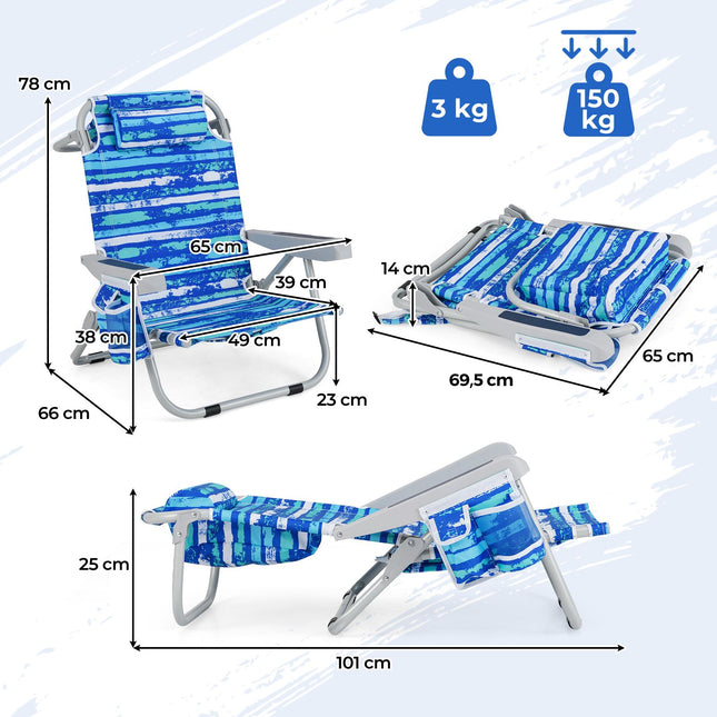 Folding Beach Chair with Adjustable Backrest, Blue Stripes