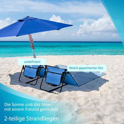 Folding Beach Lounger Set, Steel Frame, Blue, 2-Pack