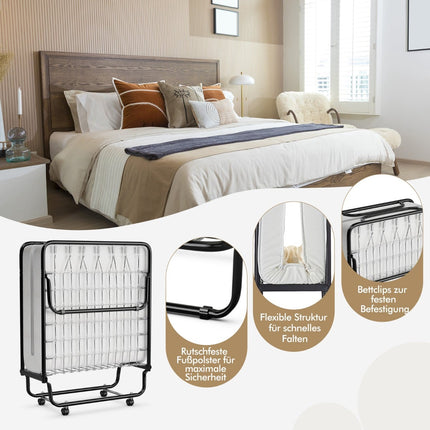 Folding Bed with Wheels, Memory Foam Mattress, 190x80 cm