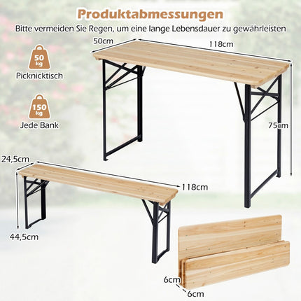 Folding Beer Garden Set with Table and 2 Benches, 118 cm