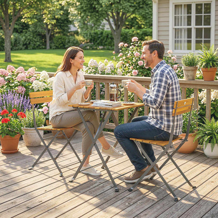 Folding Bistro Set for 2, Teak Acacia Wood & Steel