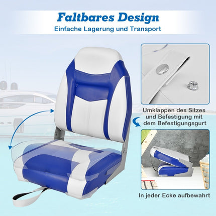 Folding Boat Seat Set, High Back, Thick Foam Padding, Blue