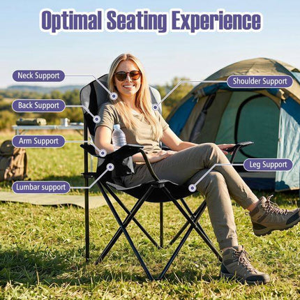 Folding Camping Chair, Black, High Backrest, Cup Holder