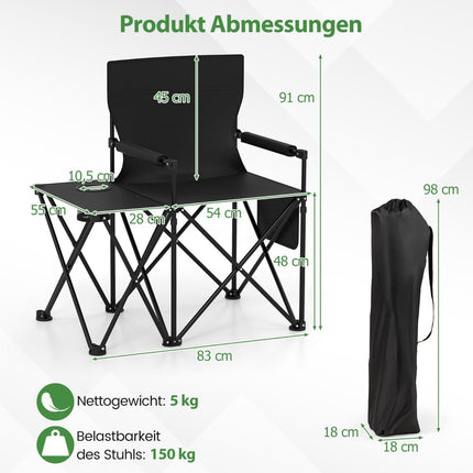 Folding Camping Chairs Set of 2 with Side Table & Cup Holder