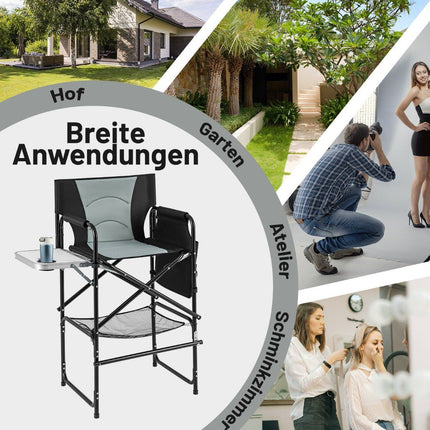Folding Camping Chair with Side Table and Footrest, Black/Grey