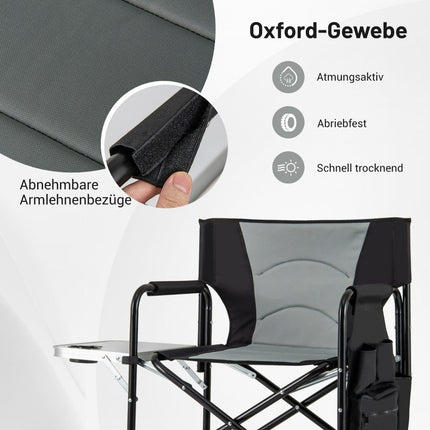 Folding Camping Chair with Side Table and Footrest, Black/Grey