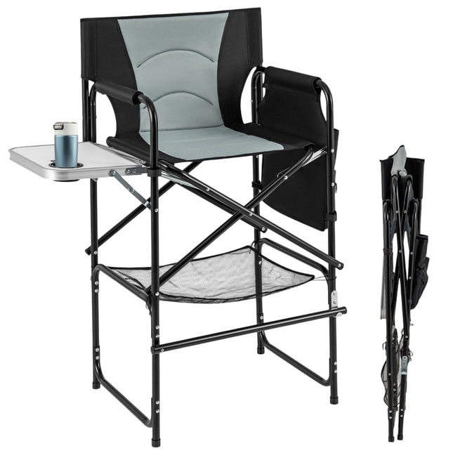 Folding Camping Chair with Side Table and Footrest, Black/Grey