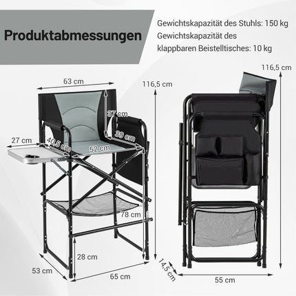 Folding Camping Chair with Side Table and Footrest, Black/Grey
