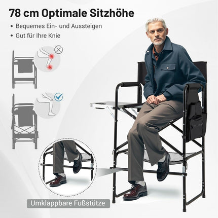 Folding Camping Chair with Side Table and Footrest, Black/Grey