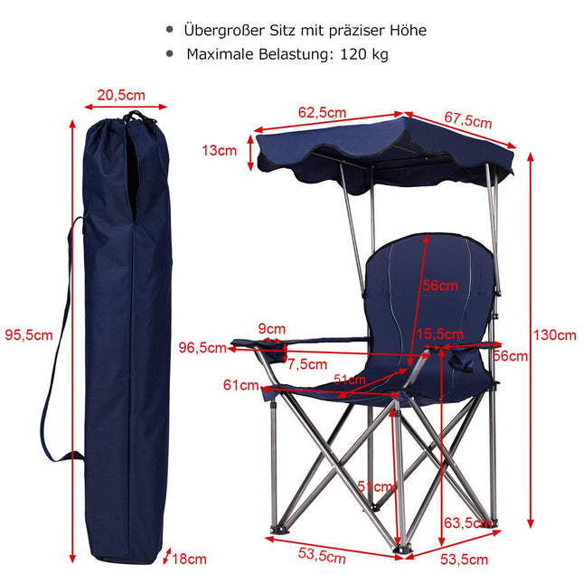 Folding Camping Chair with Sunshade, Cup Holders, Blue