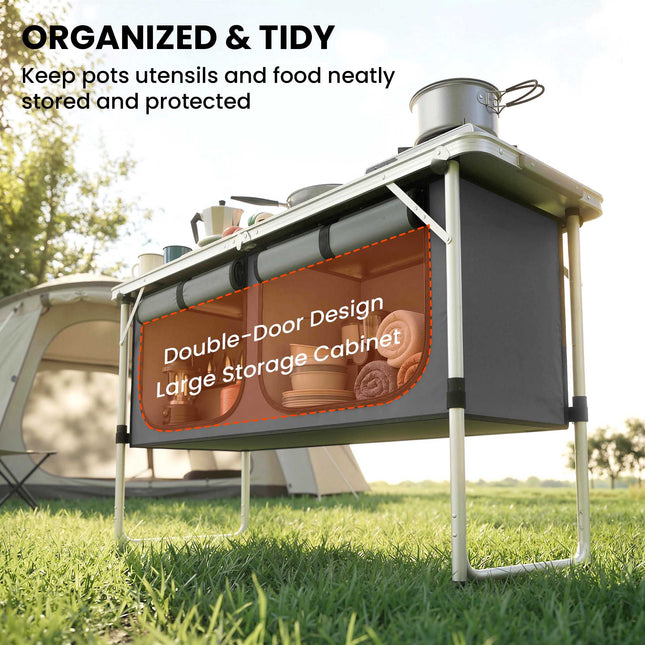 Folding Camping Kitchen with Aluminum Frame and Storage