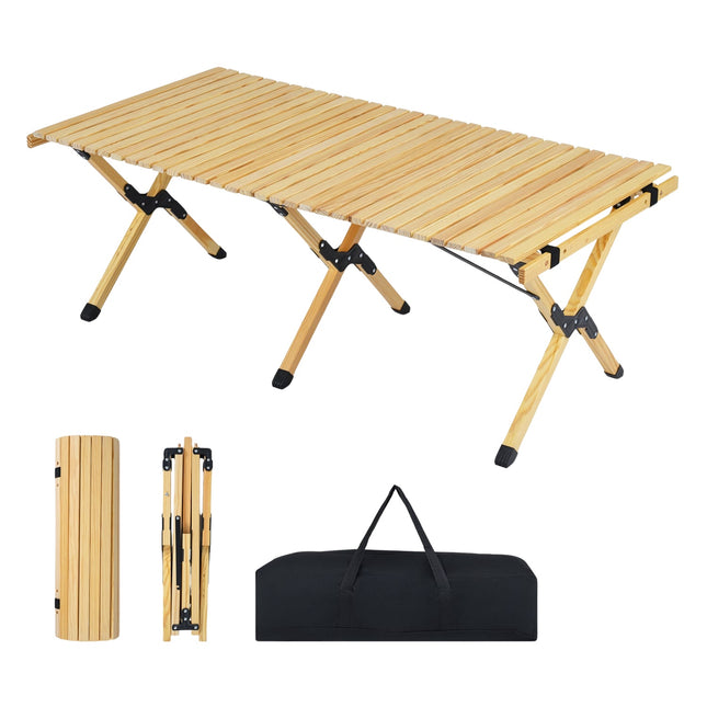Folding Camping Table, 48 Inch Pine Wood With Carry Bag