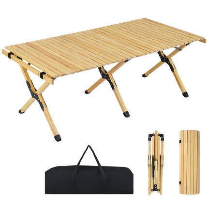 Folding Camping Table, 48 Inch Pine Wood With Carry Bag