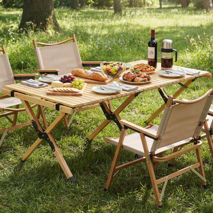 Folding Camping Table, 48 Inch Pine Wood With Carry Bag
