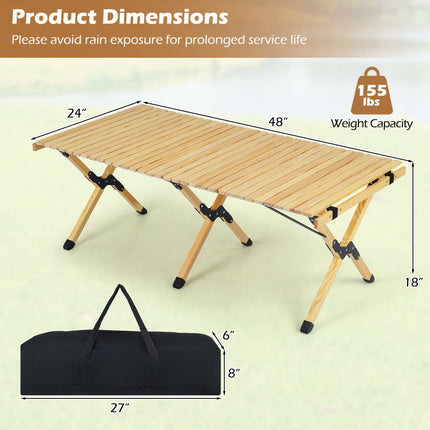 Folding Camping Table, 48 Inch Pine Wood With Carry Bag