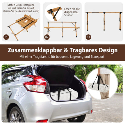 Folding Camping Table, Bamboo, Carry Bag, 122x60cm