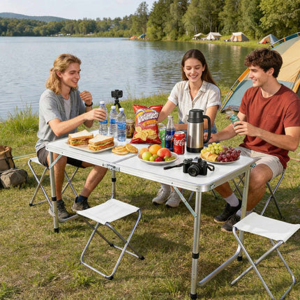 Folding Camping Table with 4 Stools, Adjustable Height