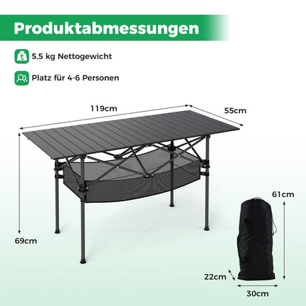 Folding Camping Table with Roll-Up Aluminum Top, Black