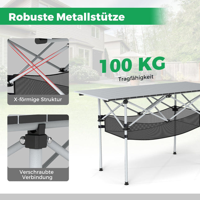 Folding Camping Table with Roll-Up Aluminum Top, Silver