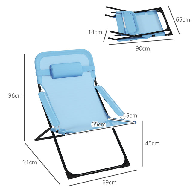 Adjustable blue camping chair, cushion, supports 120 kg
