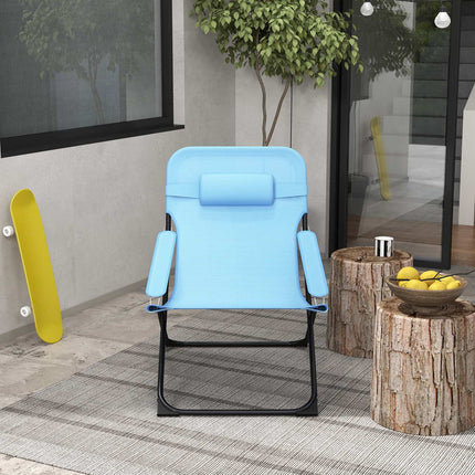 Adjustable blue camping chair, cushion, supports 120 kg
