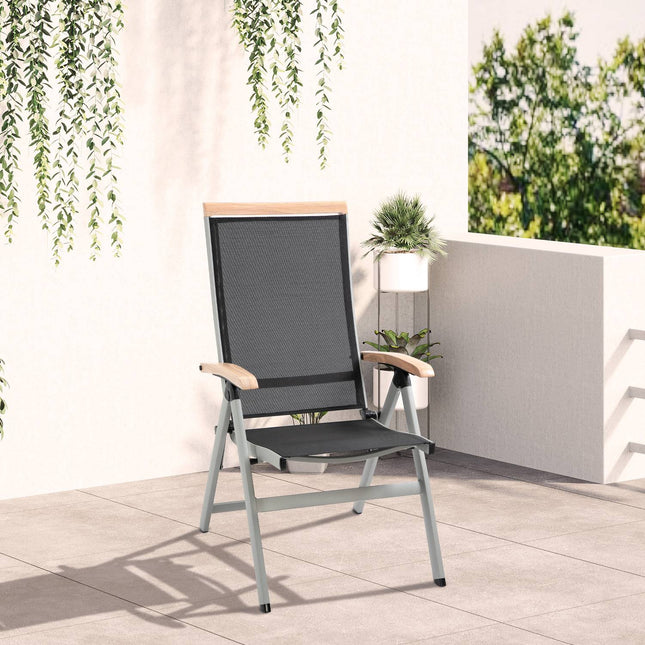 Folding garden chair in aluminium, black & silver, backrest in mesh