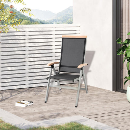 Folding garden chair in aluminium, black & silver, backrest in mesh